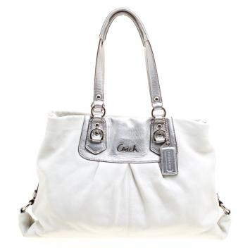 Pre Owned Coach White/Silver Leather Ashley Tote