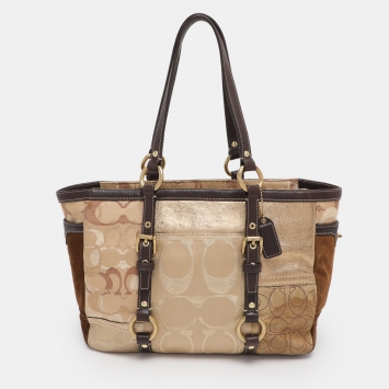 Pre Owned Coach Gold Signature Canvas, Suede and Leather Patchwork Tote