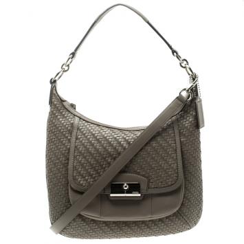Pre Owned Coach Grey Woven Leather Kristin Hobo