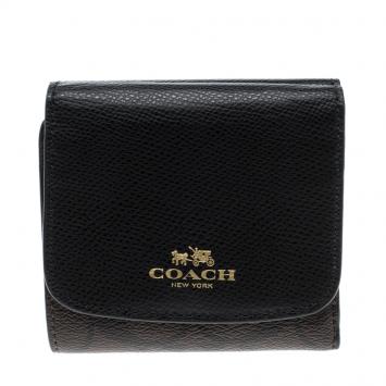 Pre Owned Coach Brown/Black Leather Trifold Compact Wallet