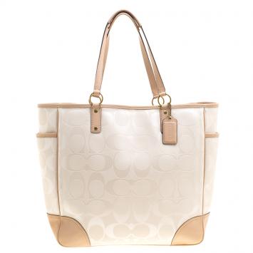 Pre Owned Coach White/Beige Coated Canvas and Leather Large City Tote