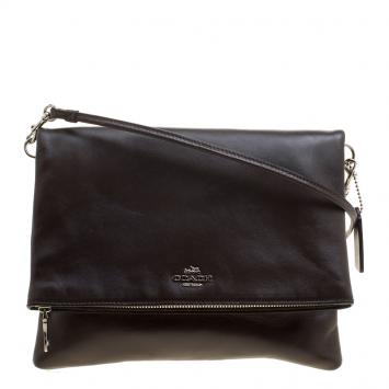 Pre Owned Coach Brown Leather Foldover Crossbody Bag