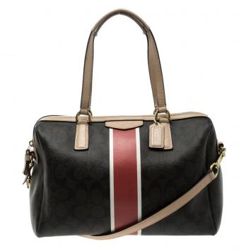 Pre Owned Coach Brown Signature Coated Canvas Nancy Stripe Satchel