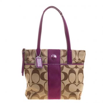 Pre Owned Coach Beige/Pink Canvas Tote