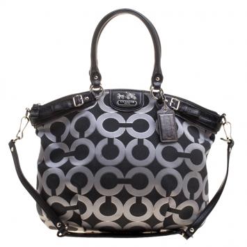 Pre Owned Coach Madison Black Op Art Sateen and Leather Satchel