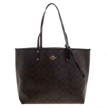 Pre Owned Coach  Brown/Black Coated Canvas Reversible City Tote