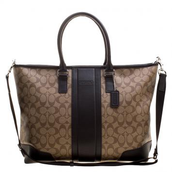 Pre Owned Coach Beige/Brown Signature Coated Canvas Weekender Tote