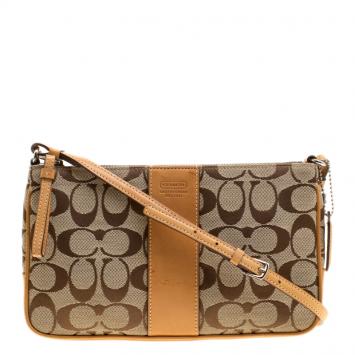 Pre Owned Coach Tan/Beige Signature Canvas Slim Demi Crossbody Bag
