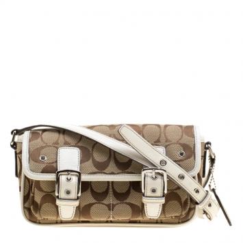 Pre Owned Coach White/Beige Signature Canvas Crossbody Bag