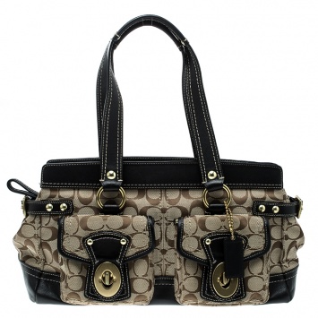 Pre Owned Coach Beige/Black Signature Canvas and Leather Tote