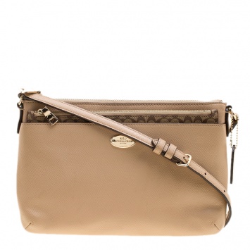 Pre Owned Coach Light Brown Leather East/West Pop Up Pouch Crossbody Bag