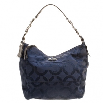 Pre Owned Coach Blue/Brown Shimmering Signature Canvas and Patent Leather Hobo