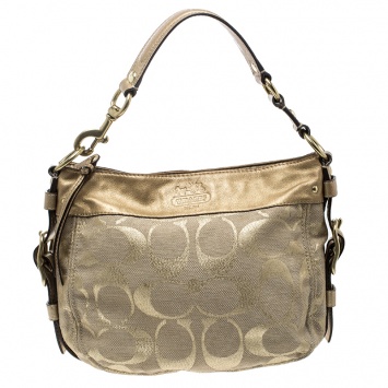 Pre Owned Coach Beige/Gold Canvas and Leather Hobo