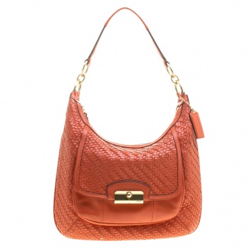 Pre Owned Coach Orange Woven Leather Kristin Hobo