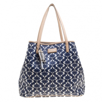 Pre Owned Coach Blue/Brown Signature Coated Canvas and Leather Tote