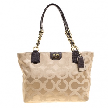 Pre Owned Coach Beige Canvas Chain Tote