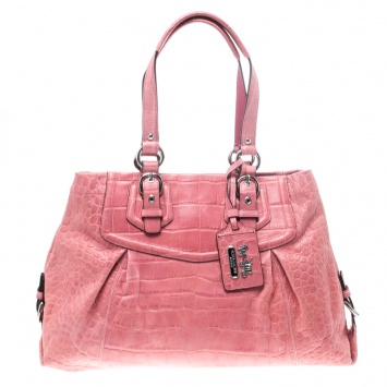 Pre Owned Coach Pink Croc Embossed Leather Ashley Tote