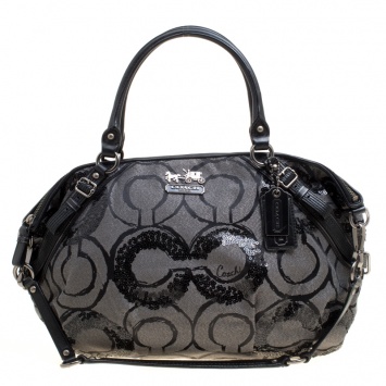 Pre Owned Coach Grey Fabric and Sequins Madison Op Art Sophia Satchel 
