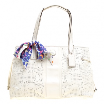 Pre Owned Coach White Perforated Leather Tote