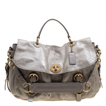 Pre Owned Coach Grey Glazed Leather Double Pocket Top Handle Bag with Wallet