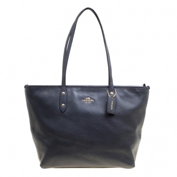 Pre Owned Coach Navy Blue Leather Shopper Tote