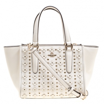 Pre Owned Coach Off White Leather Eyelet Floral Details Top Handle Bag
