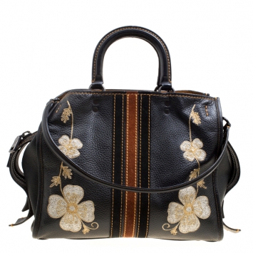 Pre Owned Coach Black Leather Embroidered Rogue Western Top Handle Shoulder Bag 