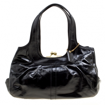 Pre Owned Coach Black Patent Leather Ergo Tattersall Pleated Satchel