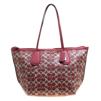Pre Owned Coach Red Signature Coated Canvas Taxi Zip Shopping Tote