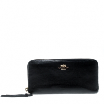 Pre Owned Coach Black Leather Zip Around Wallet 