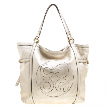 مملوكة مسبقًا Coach Gold Perforated Leather Audrey Shopper Tote