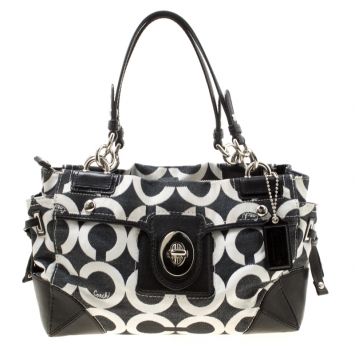 Pre Owned Coach Black/Grey Signature Canvas Peyton Satchel