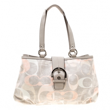 Pre Owned Coach Grey/Multicolor Signature Canvas and Leather Tote 