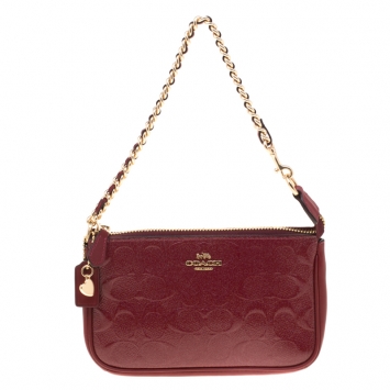 Pre Owned Coach Red Signature Embossed Patent Leather Chain Wristlet 