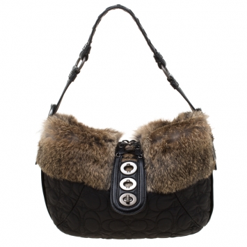 Pre Owned Coach Black/Brown Signature Nylon and Rabbit Fur Hobo