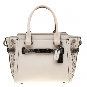 Pre Owned Coach Off White Leather Willow Floral Swagger 20 Carryall Top Handle Bag