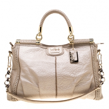 Pre Owned Coach Beige Woven Leather Dowel Caroline Top Handle Bag
