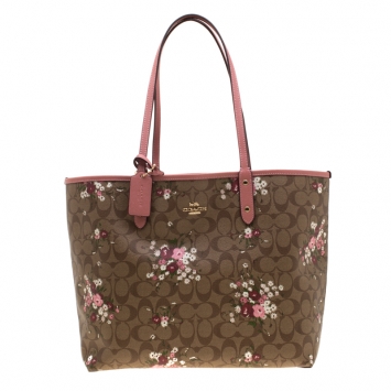 Pre Owned Coach Brown/Pink Floral Print Coated Canvas Reversible City Tote