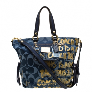 Pre Owned Coach Blue/Gold Signature Canvas Poppy Graffiti Glam Tote