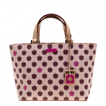 Pre Owned Kate Spade Pink/Beige Apple Print Leather Grant Street Tote