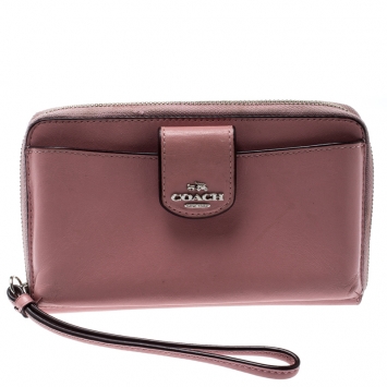 Pre Owned Coach Pink Leather Zip Around Wallet