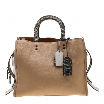 Pre Owned Coach Beige/White Leather and Snakeskin Rogue Tote