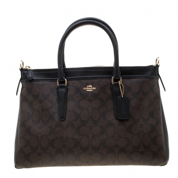 Pre Owned Coach Black/Brown Signature Coated Canvas Morgan Tote
