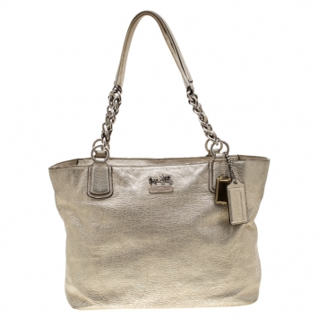Pre Owned Coach Metallic Platinum Leather East West Chelsea Tote