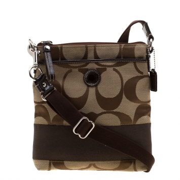 Pre Owned Coach Brown/Beige Signature Canvas Swingpack Crossbody Bag
