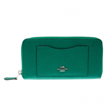 Pre Owned Coach Green Leather Accordion Zip Around Wallet