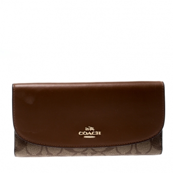 Pre Owned Coach Brown Signature PVC and Leather Checkbook Wallet