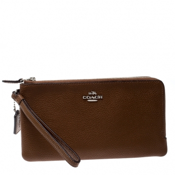 Pre Owned Coach Tan Leather Double Zip Wristlet 