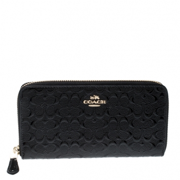 Pre Owned Coach Black Signature Patent Leather Accordion Zip Around Wallet