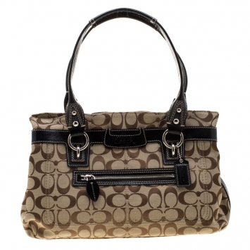 Pre Owned Coach Beige/Black Canvas and Patent Leather Tote